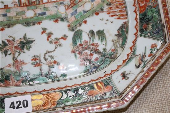 An 18th century Chinese famille verte octagonal meat plate, decorated with pagodas in a garden, flowers and birds, 36 x 26cm